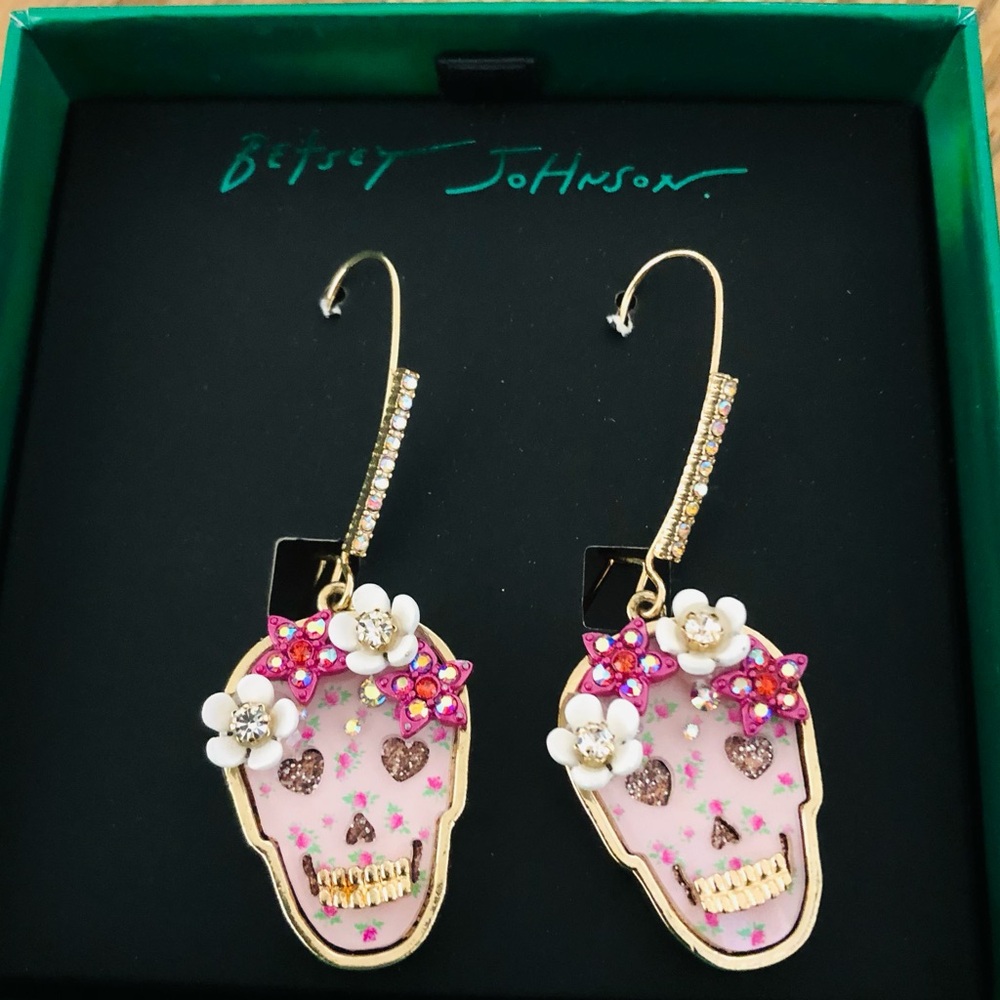 Authentic Betsey Johnson Earrings - Day Of The Dead, Pink Rhinestone Skull, NIB